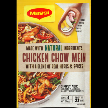 Maggi Chicken Chow Mein Recipe Base Sachet 30g for quick, flavorful chow mein with real herbs and no artificial additives.