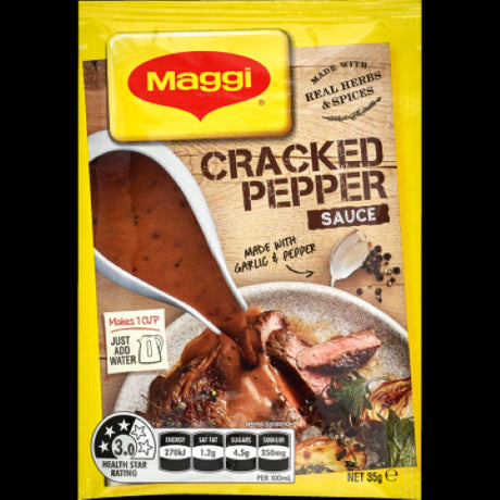 MAGGI Cracked Pepper Sauce sachet, 35g, enhances dishes with bold garlic and pepper flavor for effortless gourmet meals.