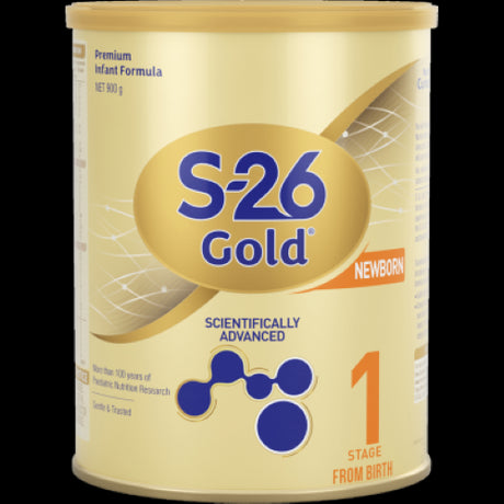 S-26 Gold Newborn Stage 1 formula can, 900g, designed for optimal infant nutrition and development from birth.