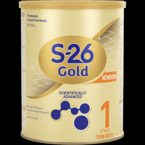 S-26 Gold Newborn Stage 1 formula can, 900g, designed for optimal nutrition in healthy infants from birth.