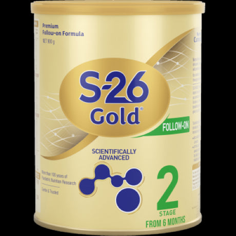 S-26 Gold 2 Follow On Stage 2 formula can, 900g, designed for healthy babies 6 months+, offering essential nutrition and growth support.