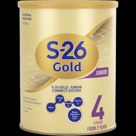 S-26 Gold Junior Stage 4 milk drink can, 900g, packed with 16 essential vitamins for child's growth and development.