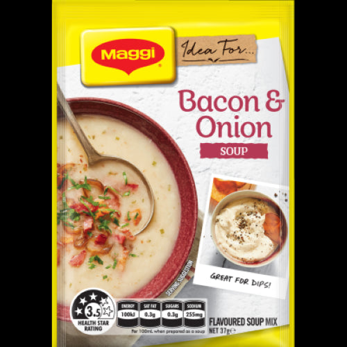 Maggi Bacon & Onion Soup sachet showcasing savory flavors, perfect for quick meals and versatile recipes.