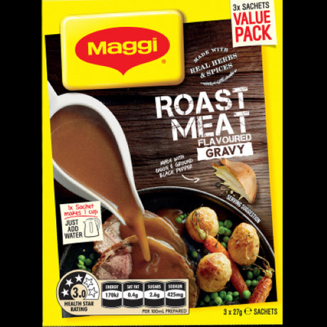 Maggi Roast Meat Gravy Mix 3pk, a convenient blend of herbs and spices for rich, flavorful gravy just by adding water.