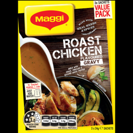 Maggi Roast Chicken Gravy Mix 3pk offers a quick and savory solution for enhancing meals with real herbs and spices.