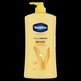 Vaseline Deep Restore Body Lotion 750ml for intense skin hydration, enriched with Vaseline Jelly and oat extract for smooth, healthy skin.