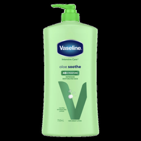 Vaseline Aloe Soothe Body Lotion (750ml) for deep hydration, combines aloe vera and micro-droplets of Vaseline Jelly.