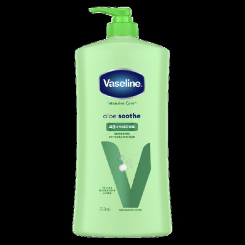 Vaseline Aloe Soothe Body Lotion 750ml, deeply moisturizes and restores dry skin with soothing aloe and fast-absorbing formula.