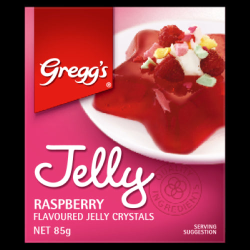 Raspberry jelly crystals ideal for quick desserts, vegan-friendly, and bursting with fruity flavor for any occasion.