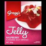 Raspberry jelly crystals ideal for quick desserts, vegan-friendly, and bursting with fruity flavor for any occasion.