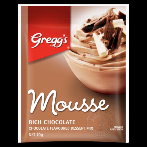 Gregg's Mousse Rich Chocolate Dessert Mix 70g for creating luxurious, rich chocolate mousse at home. Indulge easily!