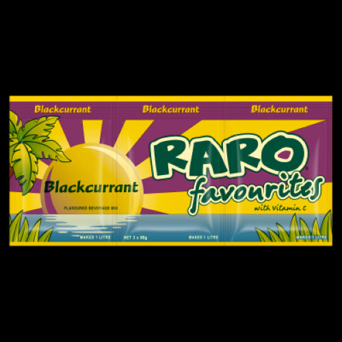 Raro Favourites Blackcurrant Beverage Mix pack with 3 sachets, each making 1L of refreshing, vitamin C-rich drink.