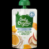 Organic baby food jar with smooth puree of apples, peaches, and apricots for babies 4 months and older.