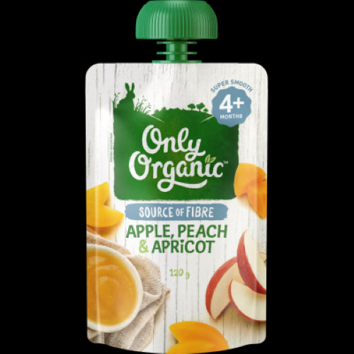 Organic baby food jar with smooth puree of apples, peaches, and apricots for babies 4 months and older.