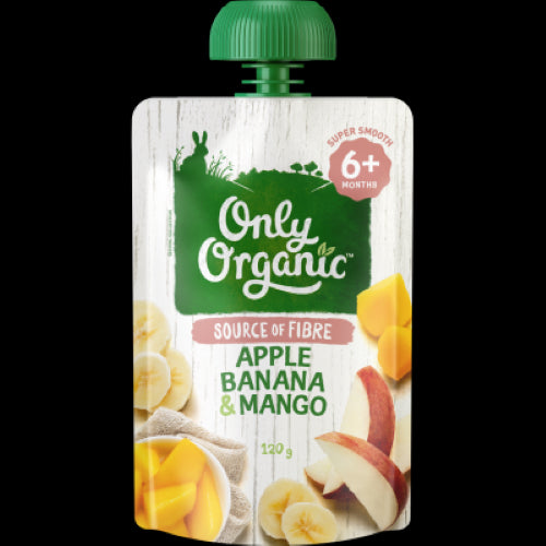 Smooth organic apple, banana, and mango puree in a 120g jar, perfect for babies 6 months and older.