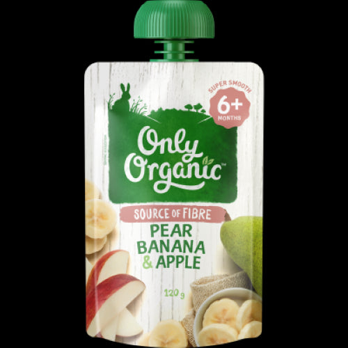 Only Organic Pear Banana & Apple puree in a 120g jar, perfect for babies 6+ months, featuring a smooth, nutritious blend of fruits.