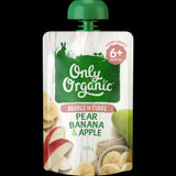 Organic pear, banana, and apple puree in a 120g jar, perfect for babies 6 months+, nutritious and deliciously smooth.