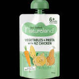 Natureland Vegetables & Pasta with NZ Chicken, a nutritious organic meal for babies with star-shaped pasta and veggies.