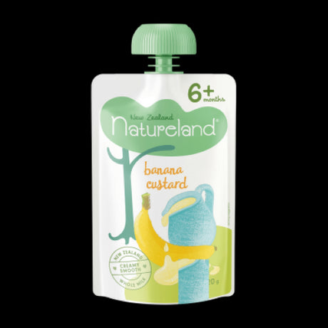 Natureland Banana Custard for babies, made with whole milk, ripe bananas, and rice, perfect for nutrition and taste.