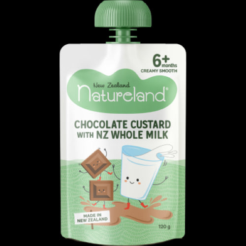 Natureland Chocolate Custard: smooth dessert for 6+ months, made with NZ whole milk & premium cocoa, safe and nutritious.