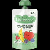 Natureland Banana & Berries with NZ Apple 120g, a smooth organic baby food puree rich in fruits, perfect for 6+ months.