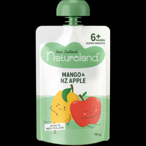 Natureland Mango & NZ Apple puree for babies, made with ripe apples and mango, 120g, free from artificial colors and flavors.