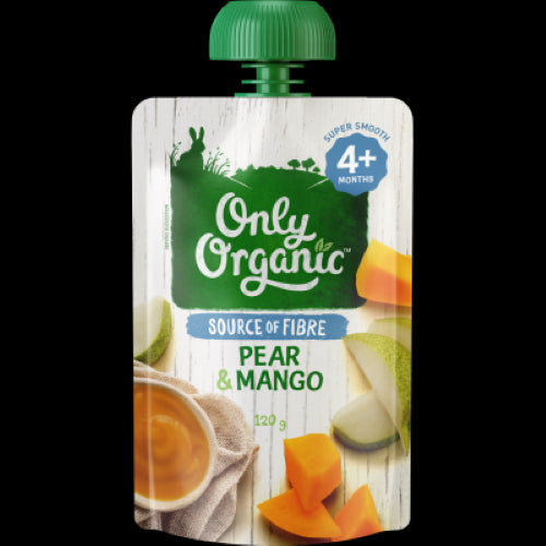 Delicious organic pear and mango puree for babies, perfect for introducing new flavors at 4+ months.