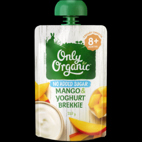 Organic Mango & Yoghurt Brekkie pouch for babies, featuring smooth mango and apple puree with creamy yoghurt, 120g.