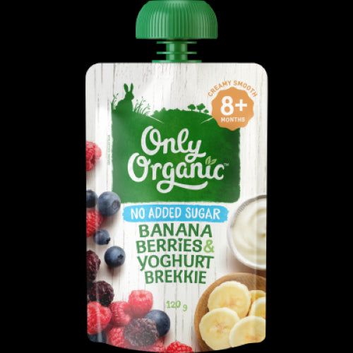 Organic Banana Berries & Yoghurt Brekkie in a pouch, ideal for babies 8+ months, featuring smooth, nutritious blends.