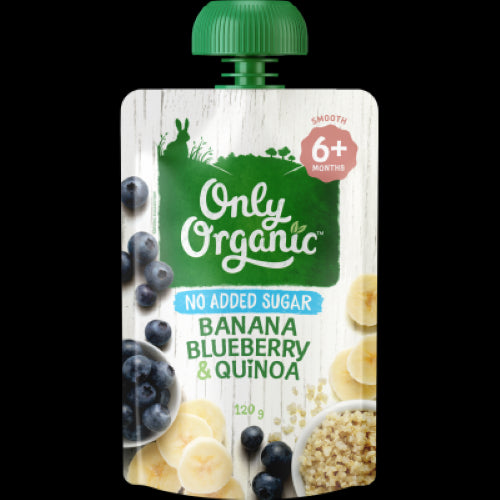 Organic banana, blueberry, and quinoa puree for babies, packed in a 120g pouch, ideal for healthful snacks or breakfast.