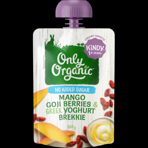 Nutritious organic breakfast with mango, goji berries, and Greek yoghurt for kids 1+ years, promoting healthy growth.