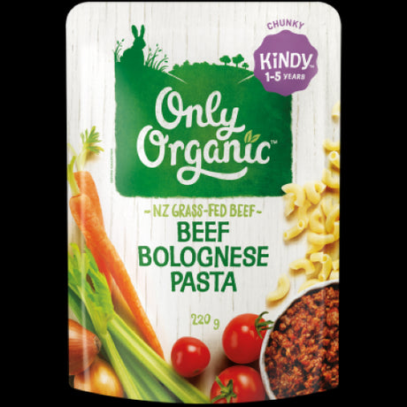 Organic Kindy Beef Bolognese Pasta, 220g, nutritious meal for kids 1-5, made with 100% organic ingredients and multigrain pasta.