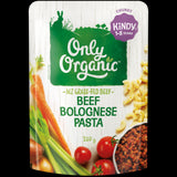 Organic Kindy Beef Bolognese Pasta for kids 1-5 years, made with 100% organic ingredients in a quick, nutritious meal option.