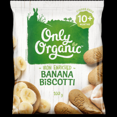 Organic banana biscotti for babies 10+ months, crafted for easy chewing and supporting motor skills development.