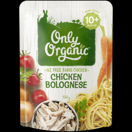 Organic Chicken Bolognese for babies 10+ months, made with free-range chicken and seasonal veggies in a 170g pack.