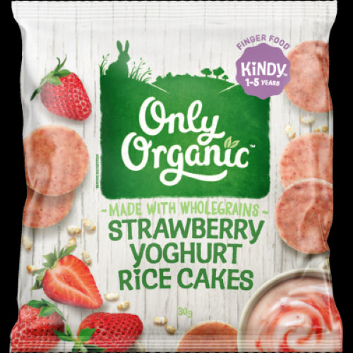 Only Organic Kindy Strawberry Yoghurt Rice Cakes for kids, light rice snacks topped with organic strawberry yoghurt.