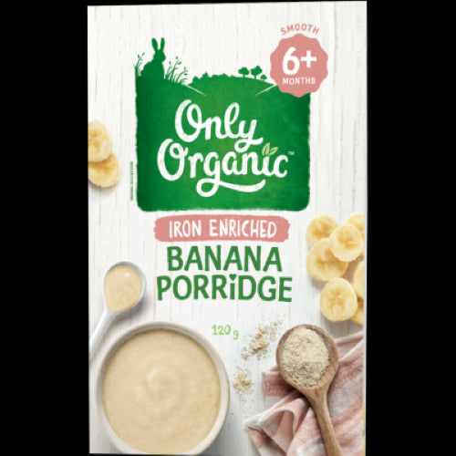 Iron Enriched Banana Porridge for babies 6+ months, made with organic oats and bananas, smooth texture, nutritious breakfast.