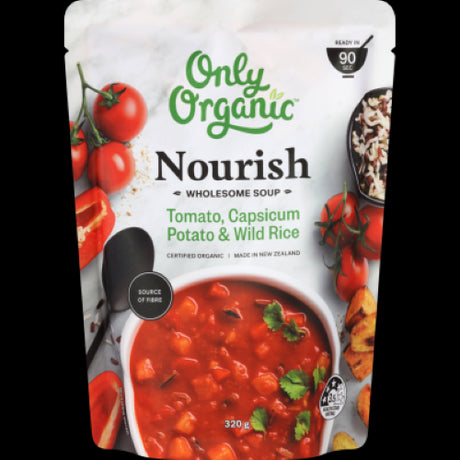 Organic tomato, capsicum, potato, and wild rice soup in a 320g package, perfect for a nutritious, plant-based meal.