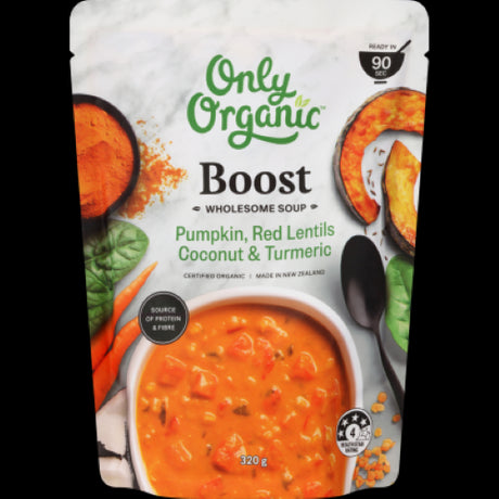 Creamy plant-based soup with pumpkin, red lentils, coconut, and turmeric for a nutritious, flavorful meal.