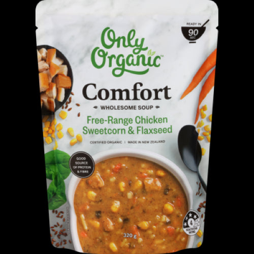 Organic chicken soup with sweetcorn, carrots, and flaxseeds in a rich broth, perfect for comfort and nourishment.