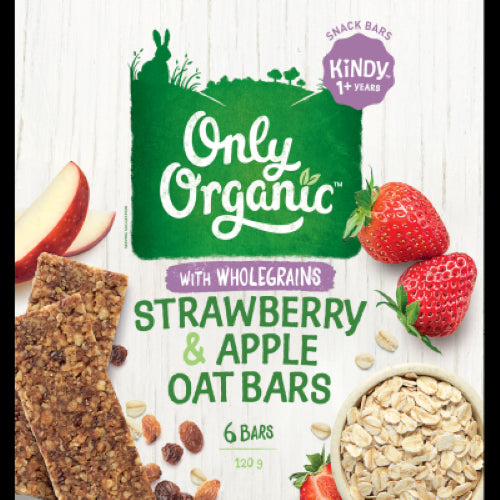 Organic strawberry and apple oat bars for toddlers, made with wholegrain oats and real fruit juice, free from additives.