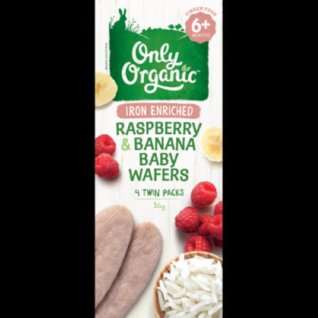 Only Organic Raspberry & Banana Baby Wafers in a 16g pack, designed for 6+ months, featuring real fruit, soft texture for easy melting.