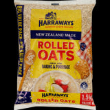Harraways Rolled Oats 1.5kg bag showcasing locally sourced, toasted oats for hearty porridge and versatile baking.