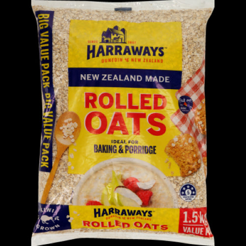 Harraways Rolled Oats 1.5kg pack showcasing locally sourced oats for hearty breakfasts and versatile baking.
