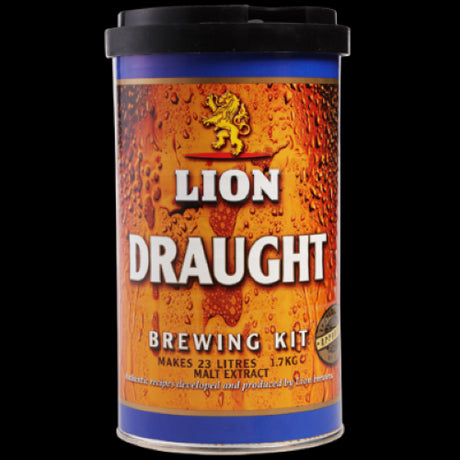 Lion Draught Brewing Kit 1.7kg with premium ingredients for making smooth, refreshing lager at home for brewers of all levels.