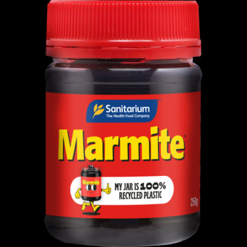 Jar of Sanitarium Marmite 250g, a savory yeast spread rich in iron and B vitamins, perfect for enhancing meals.