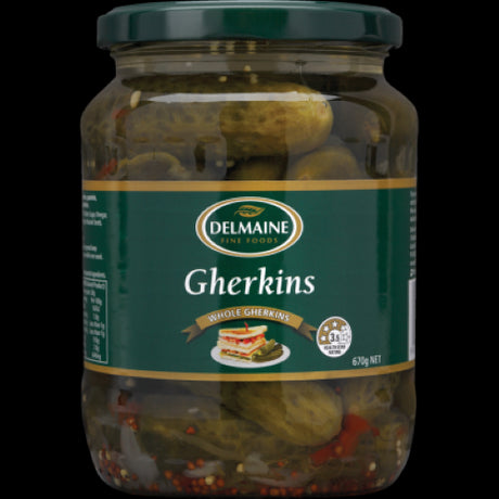 Delmaine Whole Gherkins 670g, tangy and crunchy, perfect for sandwiches, salads, and elevating culinary creations.