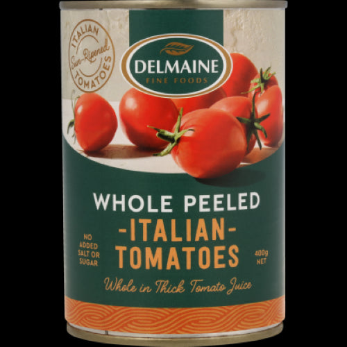 Delmaine Whole Peeled Italian Tomatoes in thick tomato juice, ideal for sauces and versatile cooking.