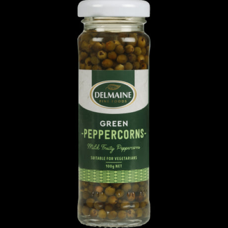 Delmaine Green Peppercorns in brine, showcasing vibrant color, ideal for garnishing, sauces, and enhancing dishes with subtle flavor.