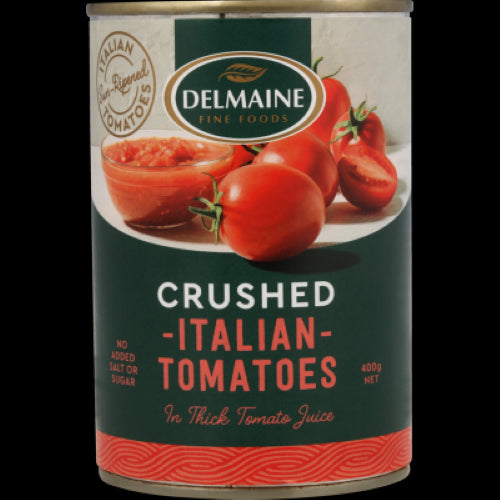 Delmaine Crushed Italian Tomatoes in Thick Tomato Juice, 400g, made from sun-ripened Roma tomatoes, perfect for various dishes.